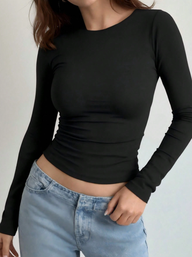 Women Simple Long Sleeve Top Slim Fit Round Neck