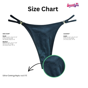 A size chart graphic for a dark navy blue ribbed thong, featuring sizing tables for Small and Large, a circular zoom-in of the ribbed fabric texture, and an arrow pointing to the front pouch.