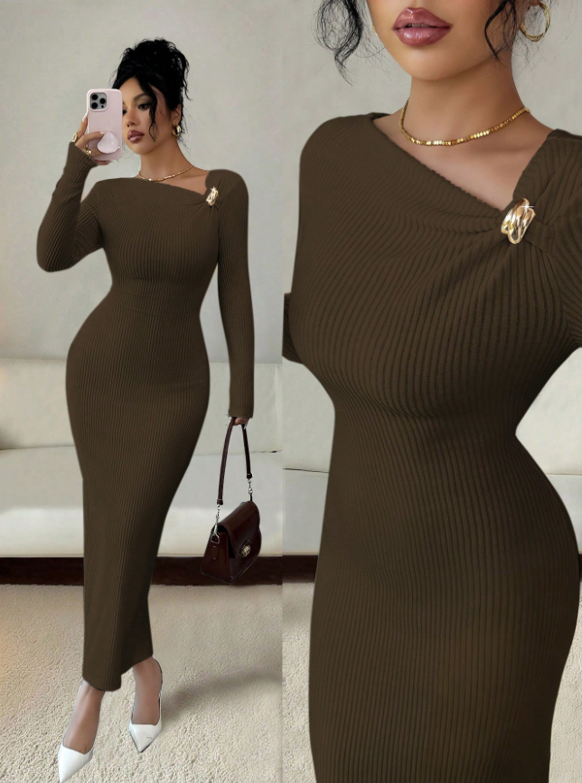Women’s Elegant Solid Colour Long Dress Slim Fit Autumn & Winter