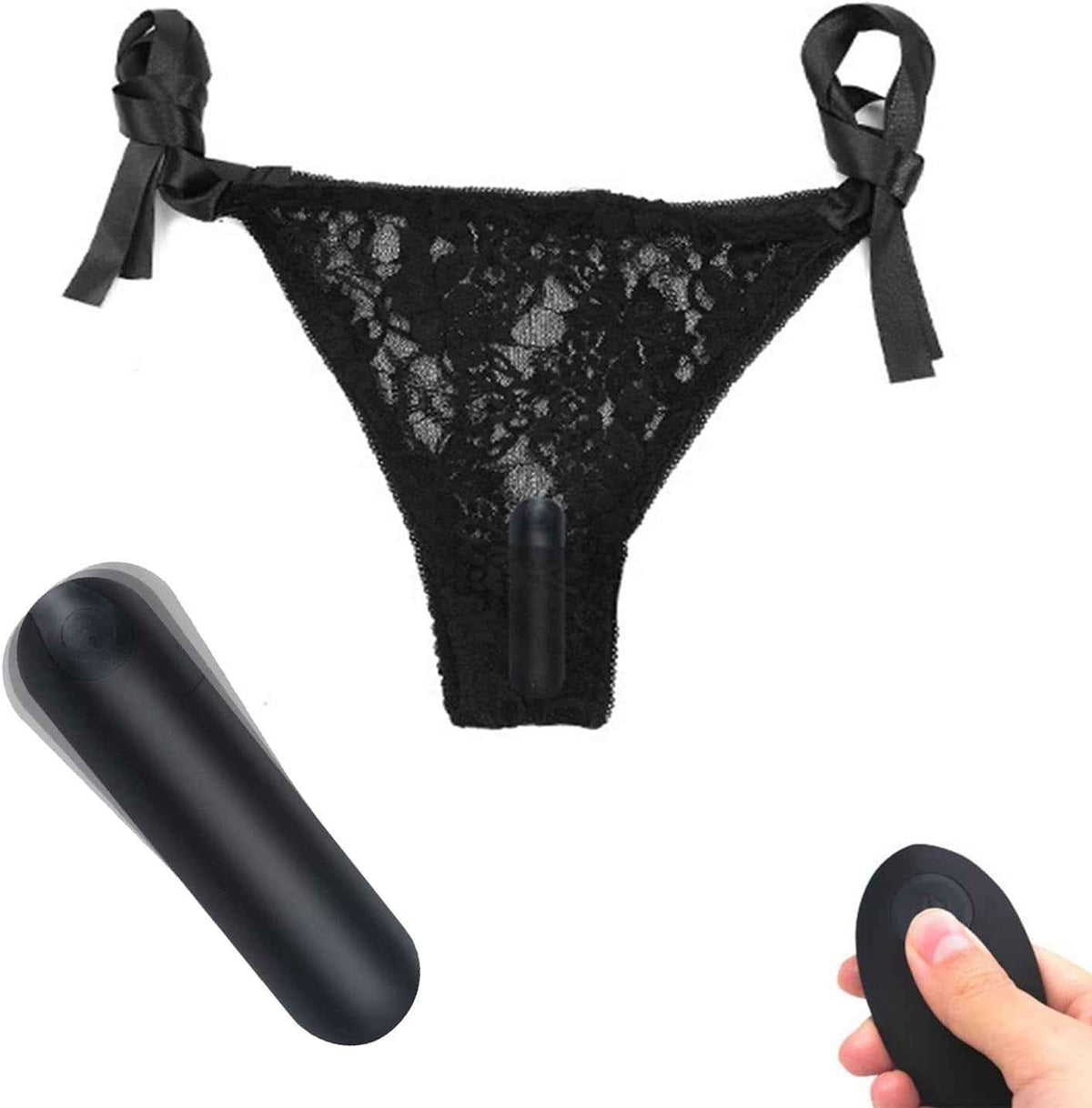 Black lace panties vibrator bullet insertion and hand remote adult wellness toy