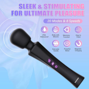 Black Wand Massager Showing Features 20 Modes 8 Speeds IPX6 Waterproof and Magnetic Charging
