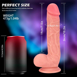A pink realistic dildo shown with dimension 10.2in scale weight 473g sex toy in uk