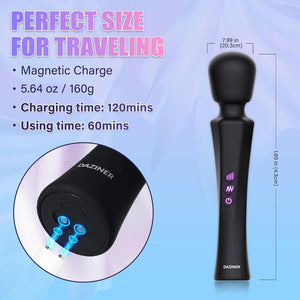 Travel Friendly Black Wand Massager Dimensions with Magnetic Charging Port Detail