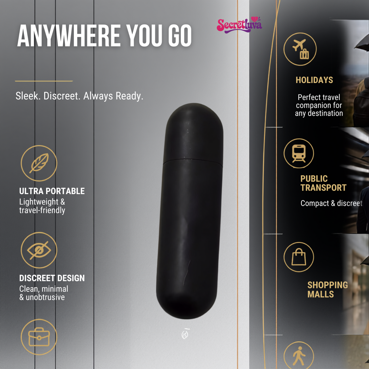 Anywhere you go travel friendly black bullet vibrator lifestyle product infographic