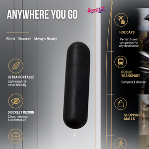 Anywhere you go travel friendly black bullet vibrator lifestyle product infographic
