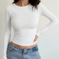 Women Simple Long Sleeve Top Slim Fit Round Neck