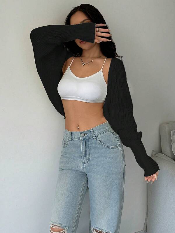 Plain Cropped Cardigan Long Sleeve Black Casual Knit Top UK