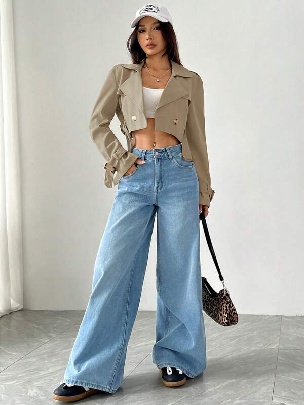 Women’s Khaki Cropped Trench Coat Long Sleeve Casual Jacket UK