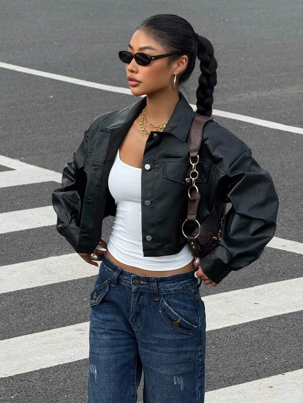 Women’s PU Leather Crop Jacket Drop Shoulder Button Casual Coat UK