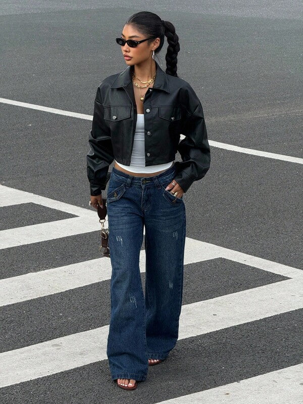Women’s PU Leather Crop Jacket Drop Shoulder Button Casual Coat UK