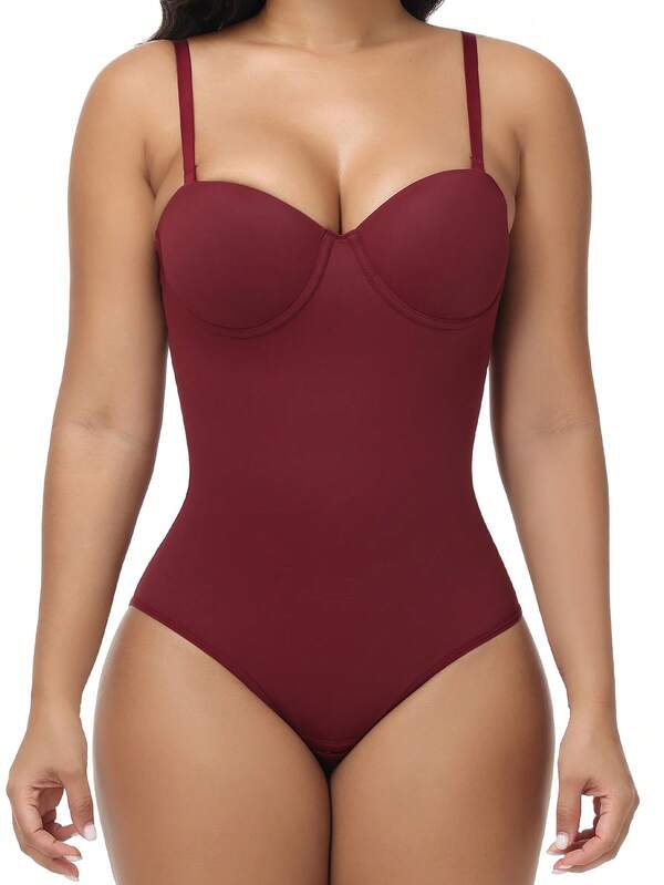 Women’s Bodysuit With Cup Design Body Shaper Sexy Slim Fit Burgundy