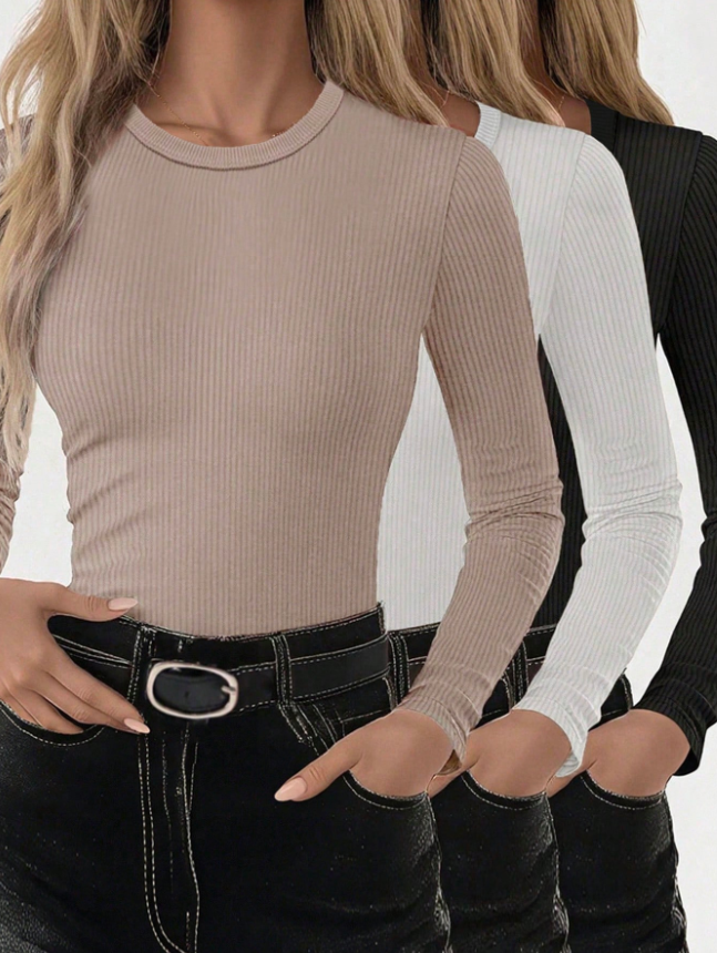 3PCS Women’s Solid Colour Slim Fit Long Sleeve T-Shirt Set