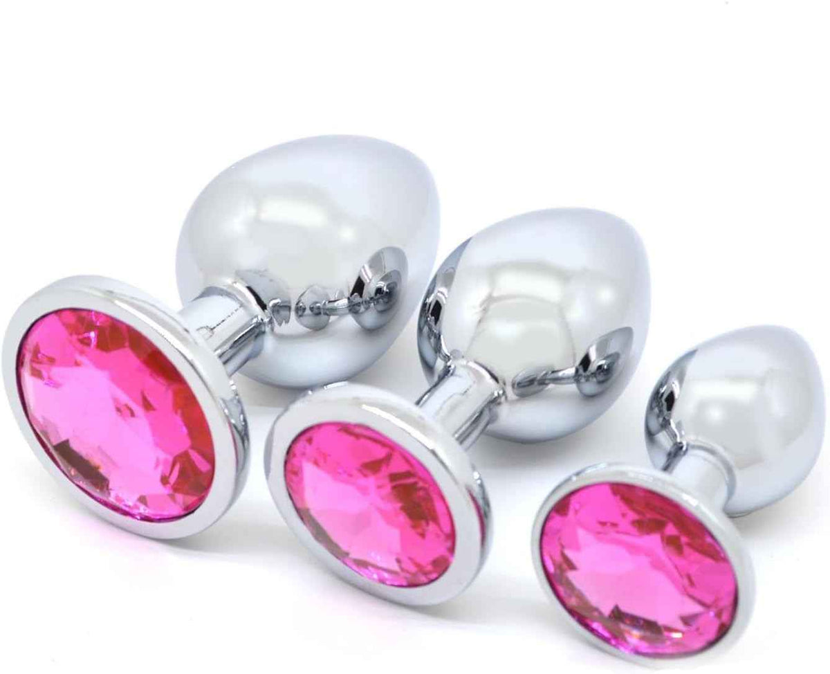 Stainless steel butt plug set in three sizes with pink jewels Sex Toy