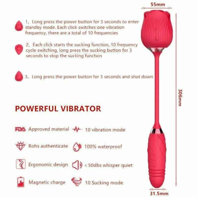 2-in-1 Rose Sex Toy Silicone Oral Suction Vibrator Rose Clitoral Licking Sex Toy