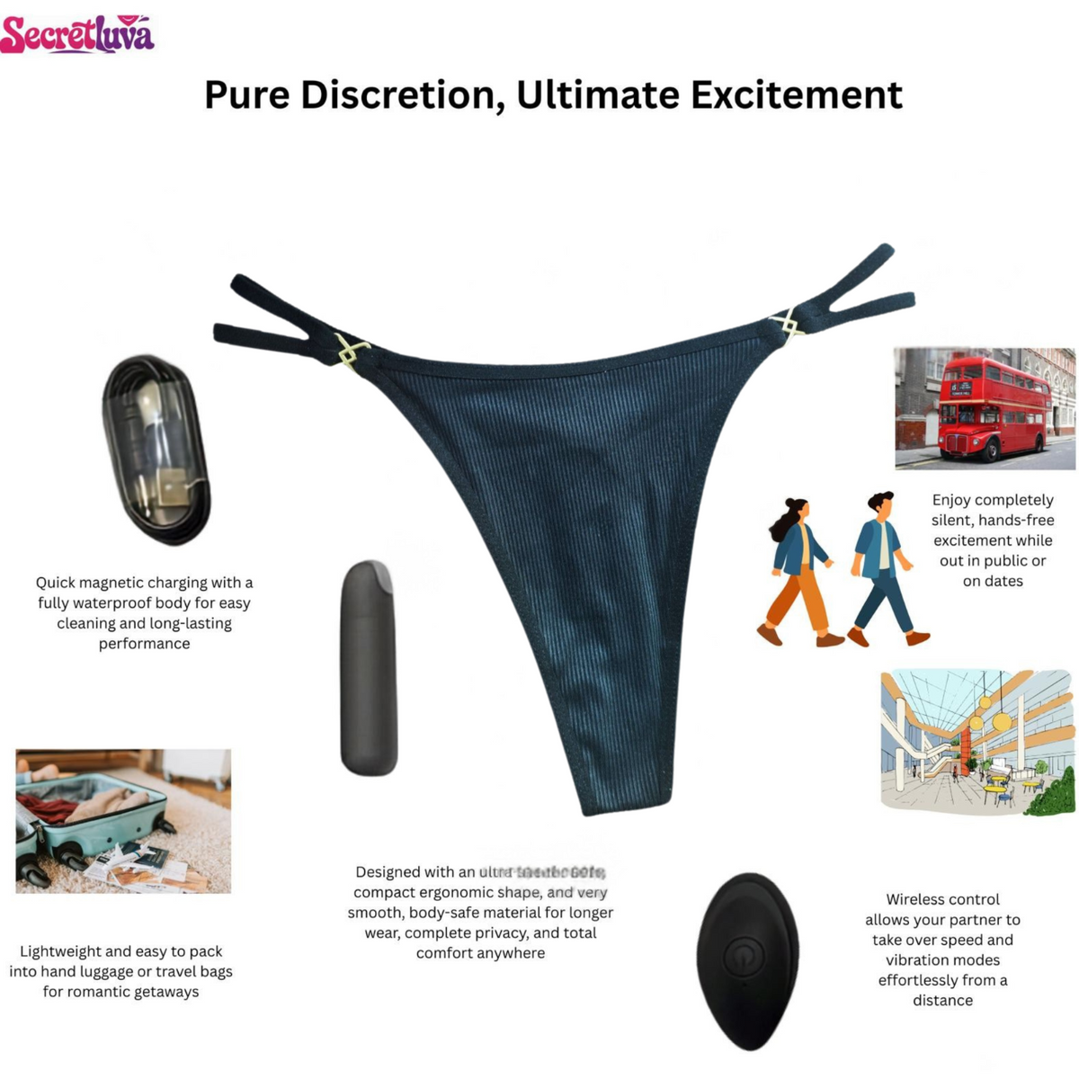 A promotional infographic for a discreet menstrual cup. The main subject is a dark navy blue menstrual cup shown in three views, with descriptive text callouts, small illustrative photos, and icons on a white background.