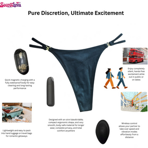 A promotional infographic for a discreet menstrual cup. The main subject is a dark navy blue menstrual cup shown in three views, with descriptive text callouts, small illustrative photos, and icons on a white background.