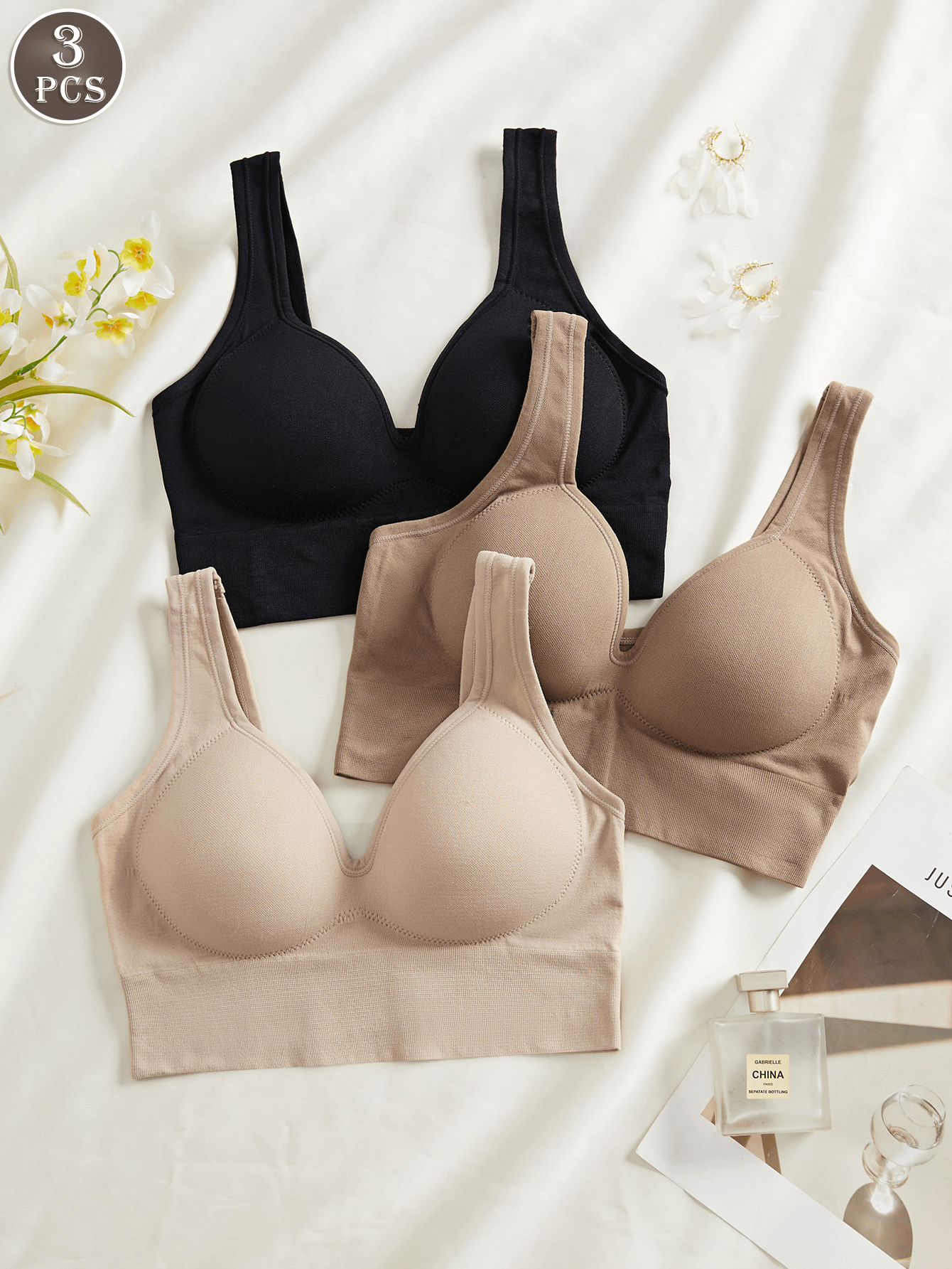 3PCS Solid Color Fixed Cup Seamless Backless Bra