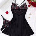 Women Black & Red Rose Gothic Lace Crop Top Dress & Thong Lingerie Set