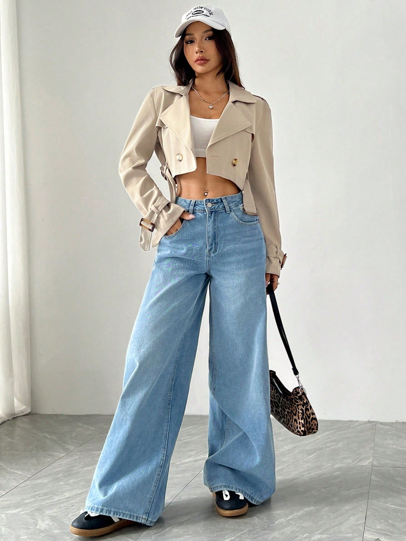Women’s Short Trench Coat Notched Lapel Button Front Casual Jacket UK
