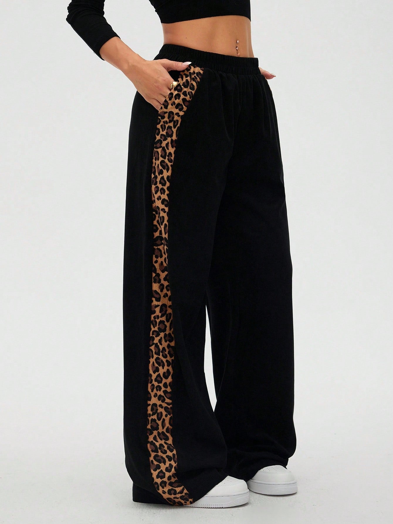Women Leopard Print Patchwork Casual Straight Leg Pants