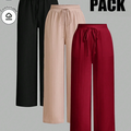 Pack of 3 Solid Color Waist-Tie Wide Leg Loose Casual Pants