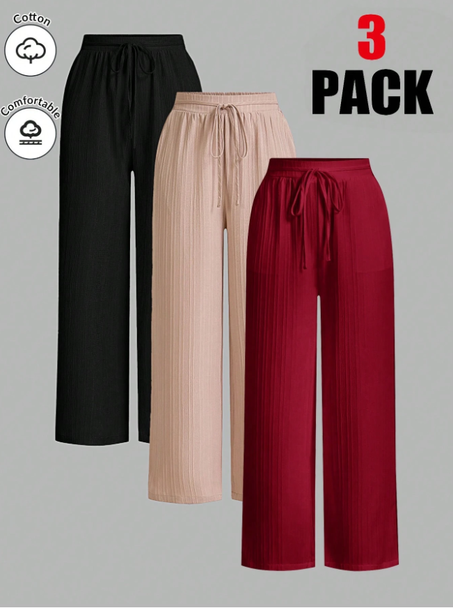 Pack of 3 Solid Color Waist-Tie Wide Leg Loose Casual Pants
