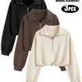 Vintage Style 3PCS Half-Zip Sweatshirt Set Solid Colour Drawstring Hem