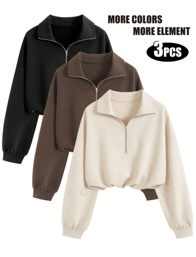 Vintage Style 3PCS Half-Zip Sweatshirt Set Solid Colour Drawstring Hem