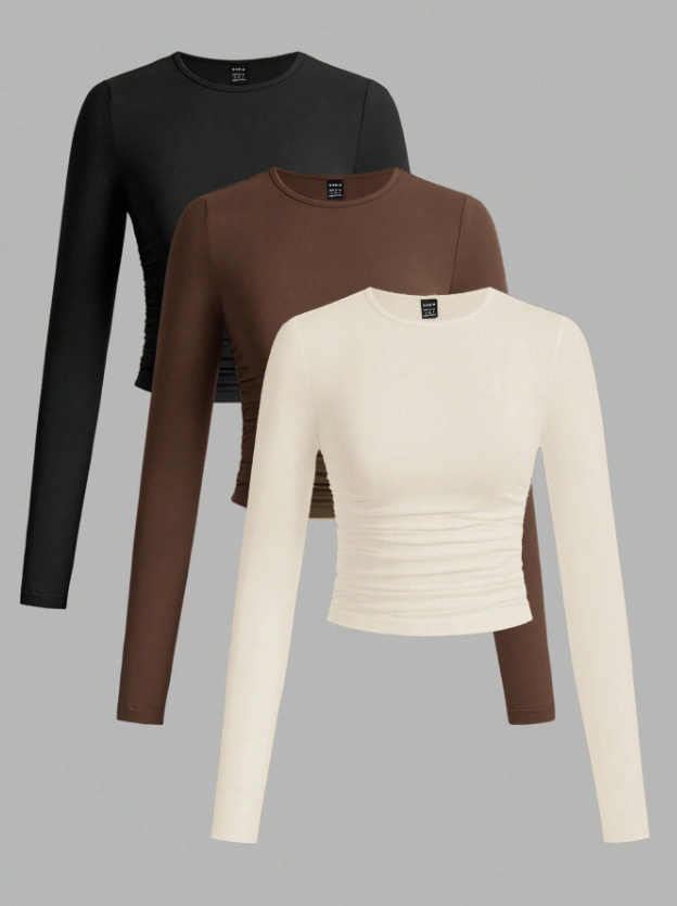 3pcs/Set Women's Casual Solid Color Crew Neck Ruched Long Sleeve T-Shirts
