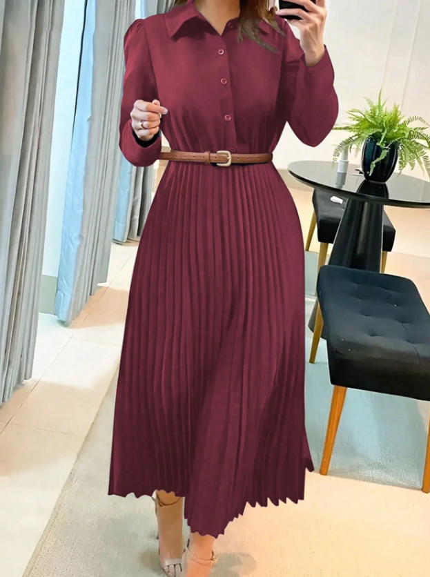 Women’s Elegant Long Sleeve Pleated Dress Button Waist Design