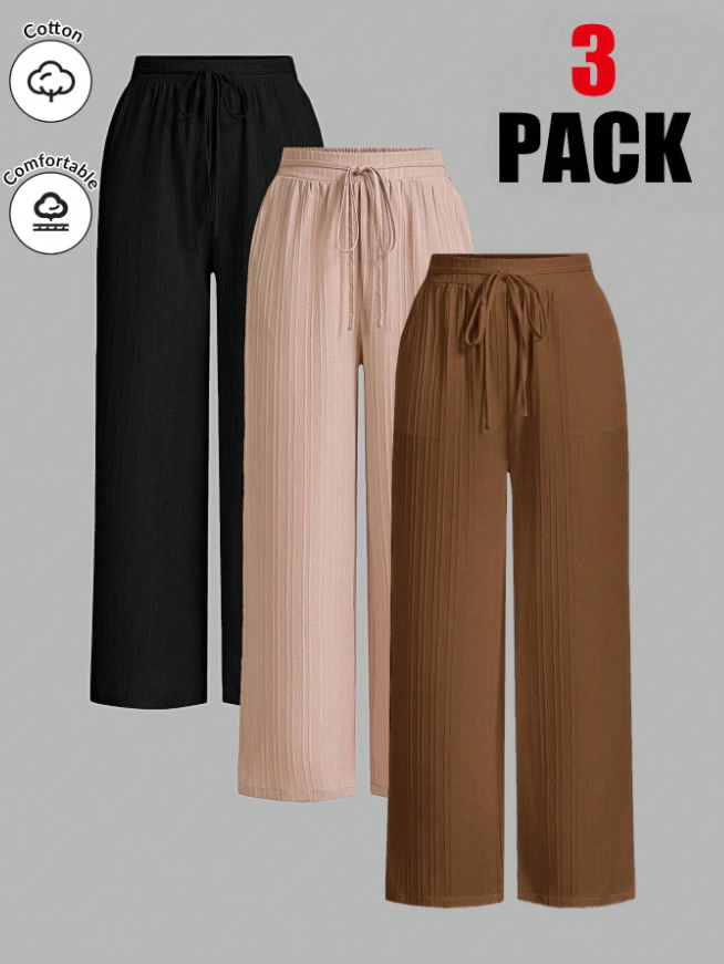 Pack of 3 Solid Color Waist-Tie Wide Leg Loose Casual Pants