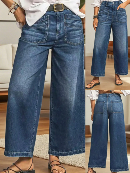 Casual Elegant Wide Leg 7/8 Length Jeans, Fashionable Diamond Pockets