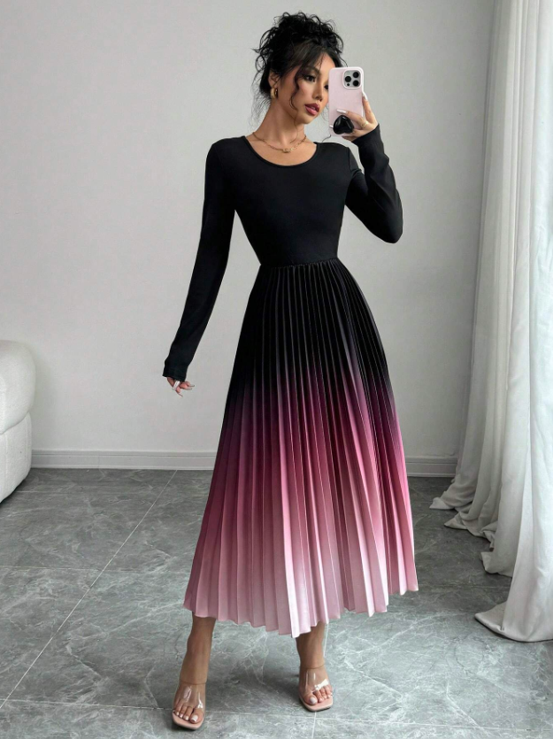 Women’s Elegant Ombre Maxi Dress Burnout Pleated Design