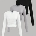 3pcs/Set Women's Casual Solid Color Crew Neck Ruched Long Sleeve T-Shirts