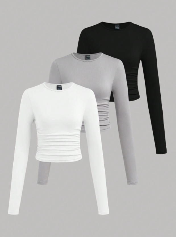 3pcs/Set Women's Casual Solid Color Crew Neck Ruched Long Sleeve T-Shirts
