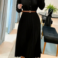 Women’s Elegant Long Sleeve Pleated Dress Button Waist Design