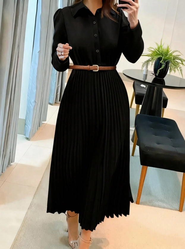 Women’s Elegant Long Sleeve Pleated Dress Button Waist Design