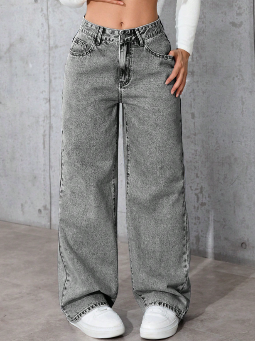 Women’s Washed Grey Straight Leg Jeans Drawstring Waist & Pocket Detail