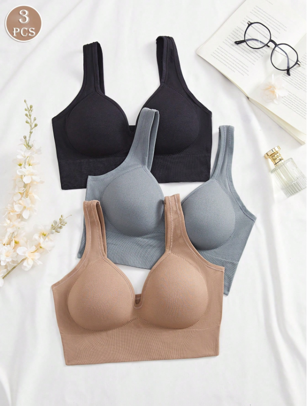 3PCS Solid Color Fixed Cup Seamless Backless Bra
