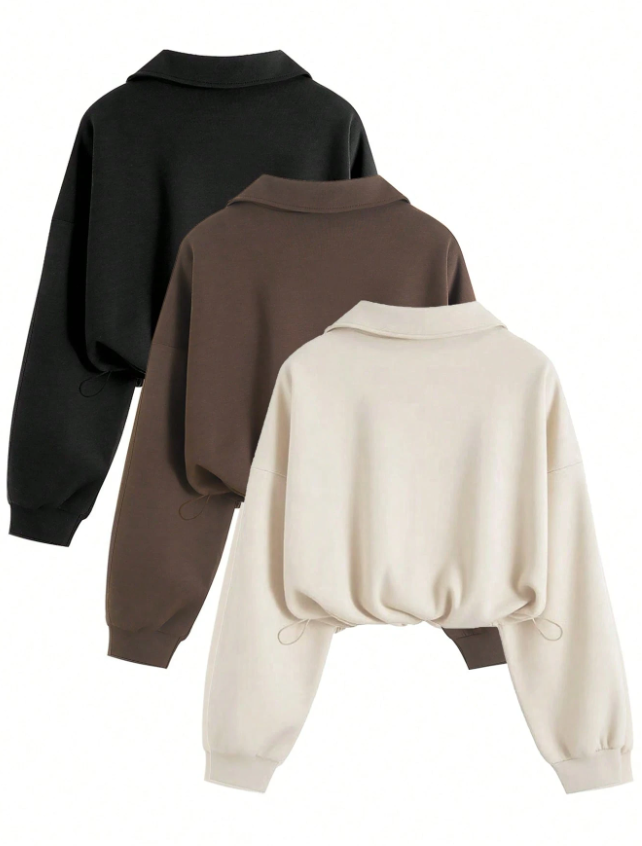 Vintage Style 3PCS Half-Zip Sweatshirt Set Solid Colour Drawstring Hem