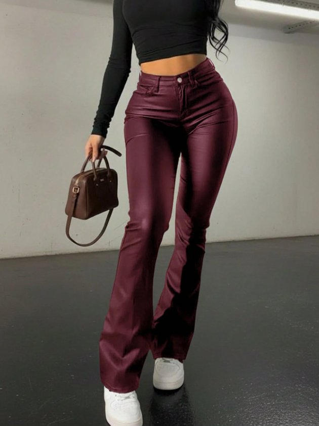 Spring Black American Style Faux Leather Flared Pant