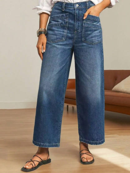 Casual Elegant Wide Leg 7/8 Length Jeans, Fashionable Diamond Pockets