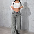 Women’s Washed Grey Straight Leg Jeans Drawstring Waist & Pocket Detail