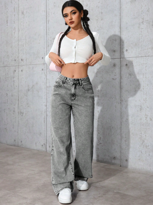 Women’s Washed Grey Straight Leg Jeans Drawstring Waist & Pocket Detail