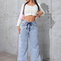 Women’s Wide Leg Jeans Drawstring Waist, Light Wash Casual Trousers