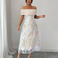 Women Mesh Panel Embroidery Off-Shoulder Ruffle Cutout Dress