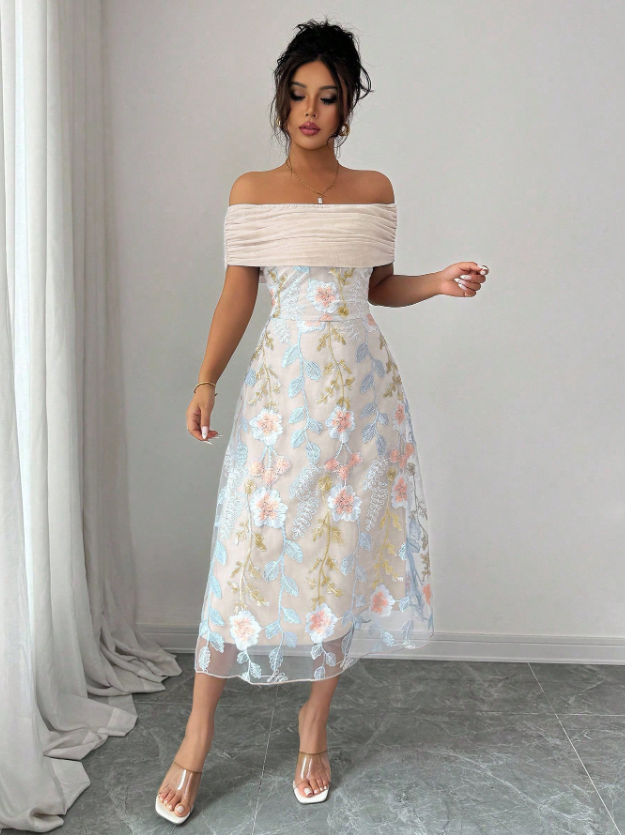 Women Mesh Panel Embroidery Off-Shoulder Ruffle Cutout Dress