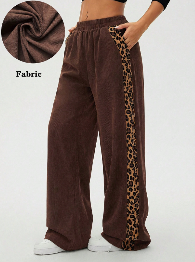 Women Leopard Print Patchwork Casual Straight Leg Pants