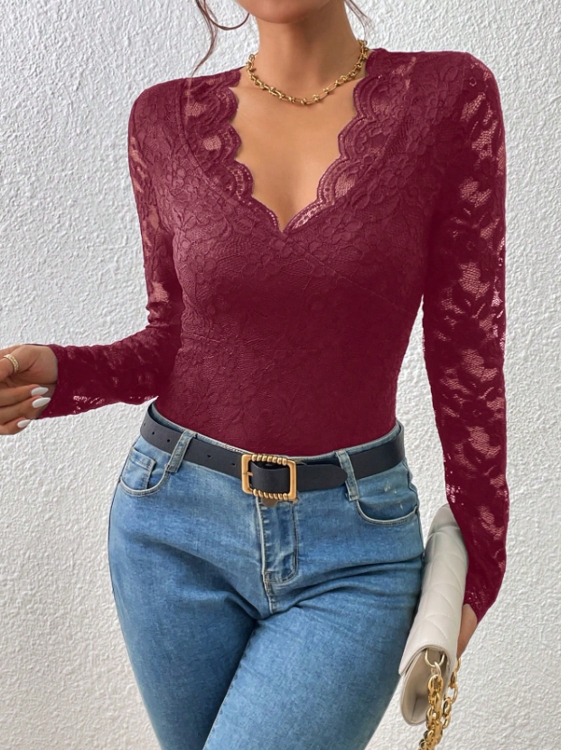 Women Slim Fit Lace Long Sleeve Bodysuit