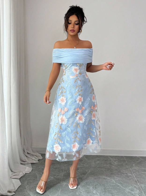 Women Mesh Panel Embroidery Off-Shoulder Ruffle Cutout Dress